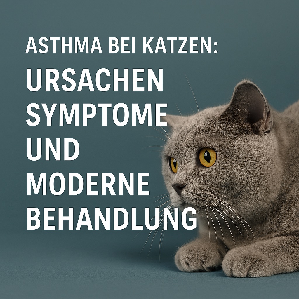Britisch Kurzhaar liegt ruhig auf hellem Untergrund, wirkt nachdenklich. Daneben steht der Text: „Ein Husten ist kein Haarballen. Asthma bei Katzen wird oft übersehen – dabei zählt jede früh erkannte Atemnot.“